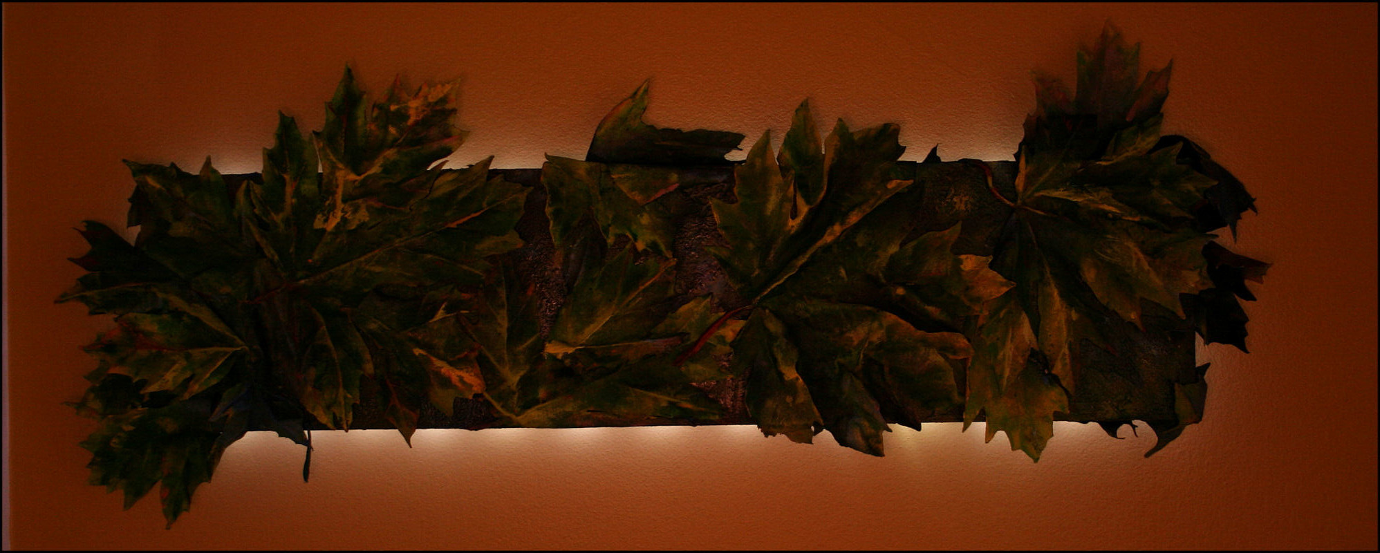 What Bigleaf Maples Do At Night - night look - 57H x 20W x 4D inches acrylics on canvas, wrapped sides painted, LED light system, 12V rechargeable battery